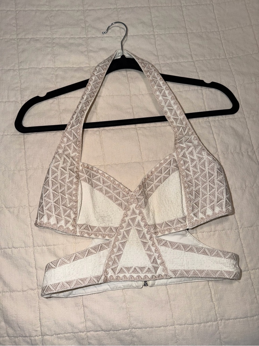 BCBGMaxAzria Cream and Beige Embroidered Cropped Halter Bralette Top